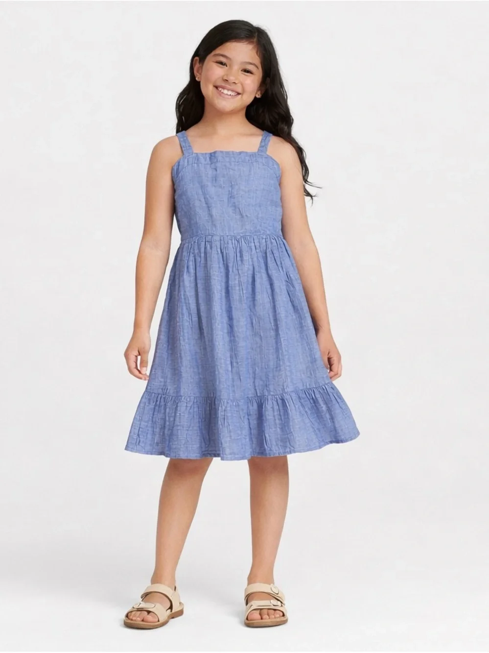 Cat‎ & Jack Blue Cotton Dress Girls XXL 18 Bow Back Ruffle Hem NWT